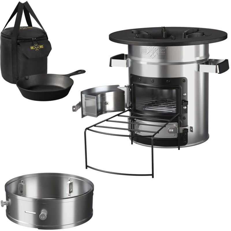 Bbq#boss - bbqboss Four-Fusée avec Poêle à Griller, Sac de Transport + Anneau de Rôtisserie, Set de Four de Camping bbq Argent avec Support pour Bois