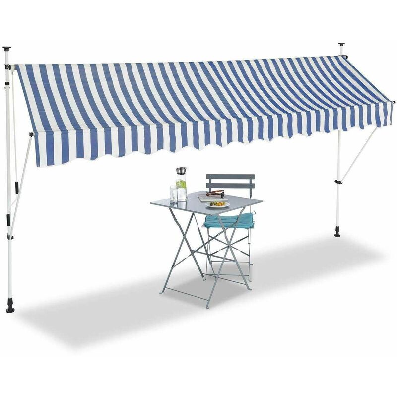 HHYVA3512-Bluewhite Auvent rétractable manuel store banne marquise pour patio & terrasse 350x120cm blanc et bleu - Blanc - Bc-elec