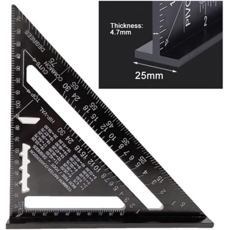 BCC 17cm Rapporteur Triangle Alliage d'Aluminium Équerre Charpentier Triangle Metrique Professionnel Menuiserie Règle d'Angle Règle Triangulaire avec Rapporteur Outil de Mesure Noir