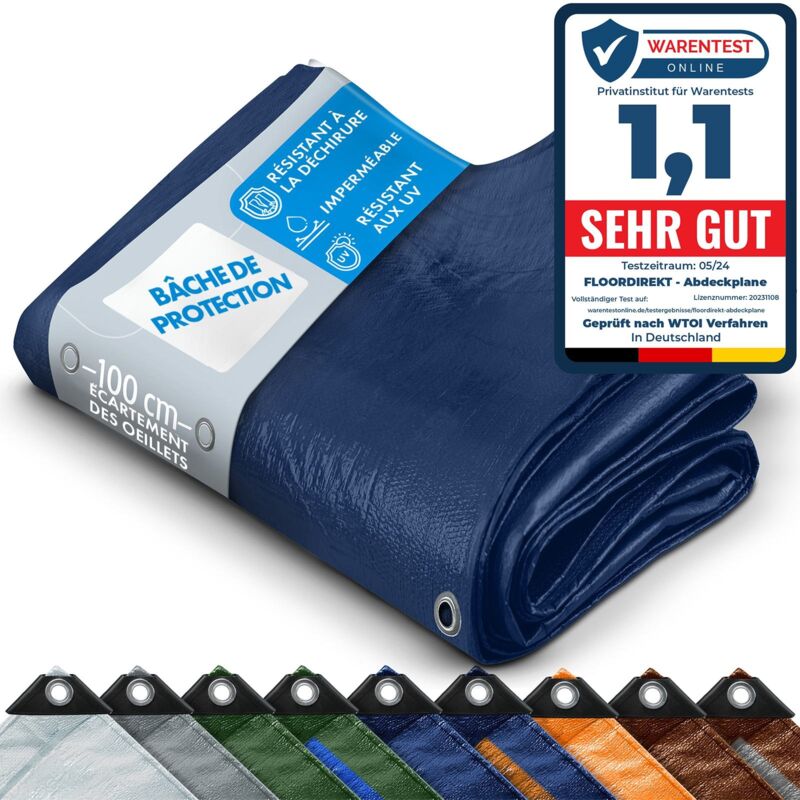 Floordirekt - Bâche de protection imperméable multifonctionnelle 140 g/m² Bleu 10 x 12 m