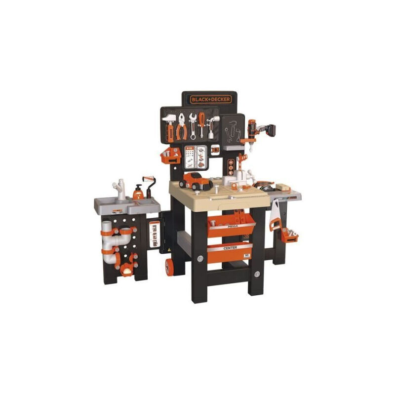 Smoby - Black and Decker - Mega center - 3 parties : mécanique, plomberie, menuiserie - Nombreux accessoires - Fabrication fran