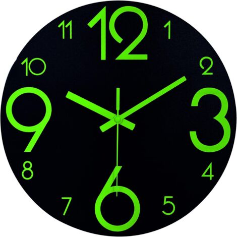 BDD 30cm Horloge Murale Lumineuse - Pendule Murale Fluorescente Silencieuse - Grande Horloge Murale Décorative pour Cuisine, Bureau, Chambre à Coucher (Noir)