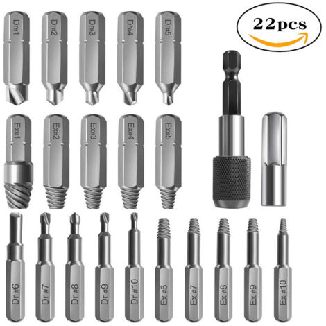 BDD Kit d'Extracteur de Vis Cassé, 22 PCS Outils d'Extraction Améliorés en Acier Allié avec Mèches 2 Porte-embouts d'Extension Magnétique Adaptateur de Prise pour Boulon Endommagé, Noir