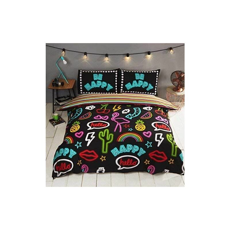 Be Happy Neon Effect with stripe reverse Duvet Cover Bedding Set (Double)