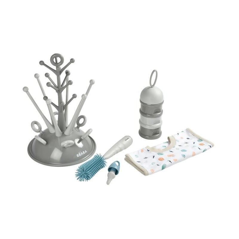Beaba - Coffret naissance, Egoutte biberon arbre grey + Boite doseuses light/dark mist + Goupillon silicone + Bavoir coton tropic