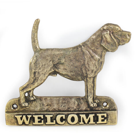 Beagle: un cartel para puerta con un perro, una placa de bienvenida de latón, un cartel único con la palabra Bienvenido de Art-Dog