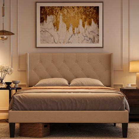 Bealife Bett 140x200 cm mit einfacher Struktur, gepolstert, Fichtenholzlatten, 20 cm Stauraum in Beige