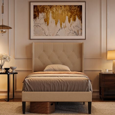 Bealife Bett 90 x 200 cm mit einfachem Gestell, gepolstertem Rahmen, Fichtenholzlatten und 20 cm Stauraum in Beige