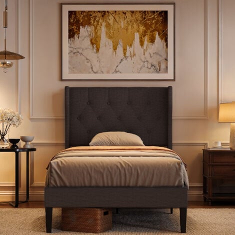 Bealife Bett 90x200 cm mit einfachem Bettgestell, gepolstertem Kopfteil, Fichtenholzlatten und 20 cm Stauraum in Dunkelgrau