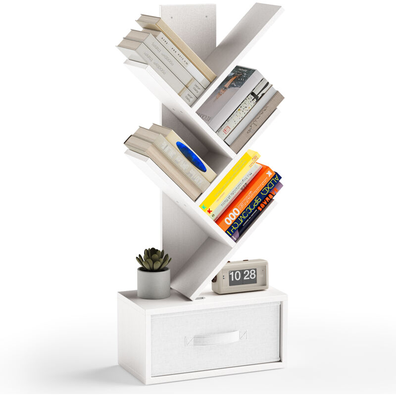 Bibliothèque 5 Niveaux Étagère de Rangement 1 Tiroir Tissu Arbre Livre cd Magazine Salon Chambre Blanc - Bealife