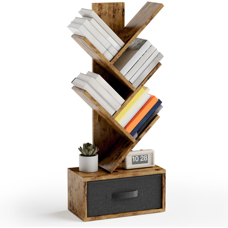 Bibliothèque 5 Niveaux Étagère de Rangement 1 Tiroir Tissu Arbre Livre cd Magazine Salon Chambre Marron - Bealife