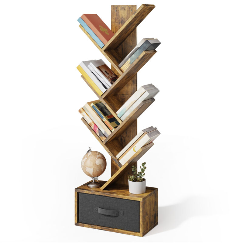 Bealife Bibliothèque 7 Niveaux Étagère de Rangement 1 Tiroir Tissu Arbre Livre pour CD Magazine Salon Chambre Marron
