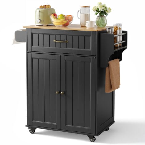 Bealife Carrello da Cucina con Rotelle 3 Livelli Mobile di Stoccaggio con Armadietto Cassetto Portaspezie Portaasciugamani Nero