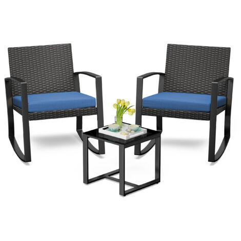 Bealife Conjunto de Muebles de Jardín para 2 Personas Acero Sillón Cojines Mesa Vidrio Templado Ideal Juegos Barras Bistro Comedor Conversación Terraza Balcón Zonas Exteriores Azul