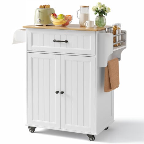 Bealife Desserte de Cuisine à Roulettes 3 Niveaux Meuble de Rangement Mobiles avec Placard Tiroir Porte-Epices Porte-Serviettes Blanche