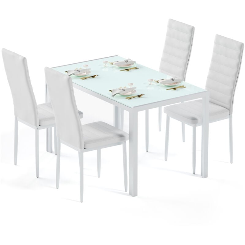 Ensemble Table et Chaises Table à Manger avec Chaises 1 Table en Verre Trempé 4 Chaises en Cuir pu Dossier Patte Metal Pied en Caoutchouc Blanc
