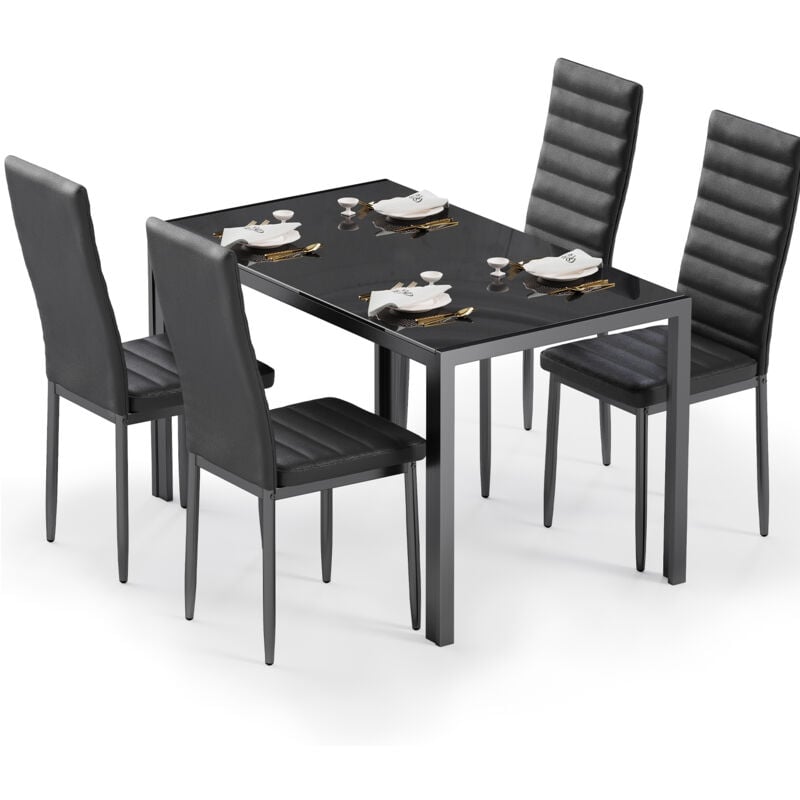 Ensemble Table et Chaises Table à Manger avec Chaises 1 Table en Verre Trempé 4 Chaises en Cuir pu Dossier Patte Metal Pied en Caoutchouc Noir