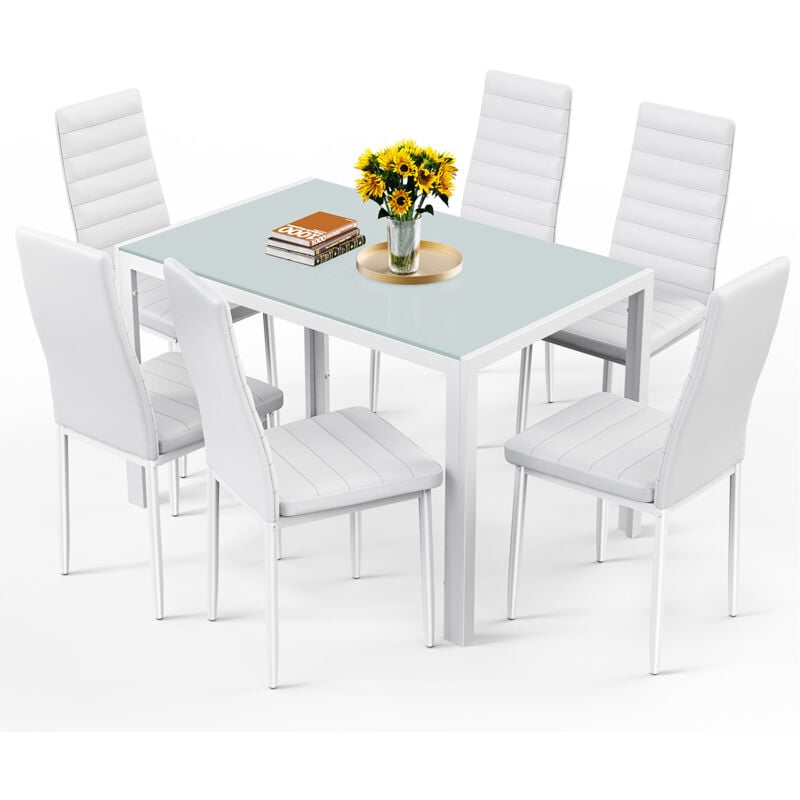 Bealife - Ensemble Table et Chaises Table à Manger avec Chaises 1 Table en Verre Trempé 6 Chaises en Cuir pu Dossier Patte Metal Pied en Caoutchouc