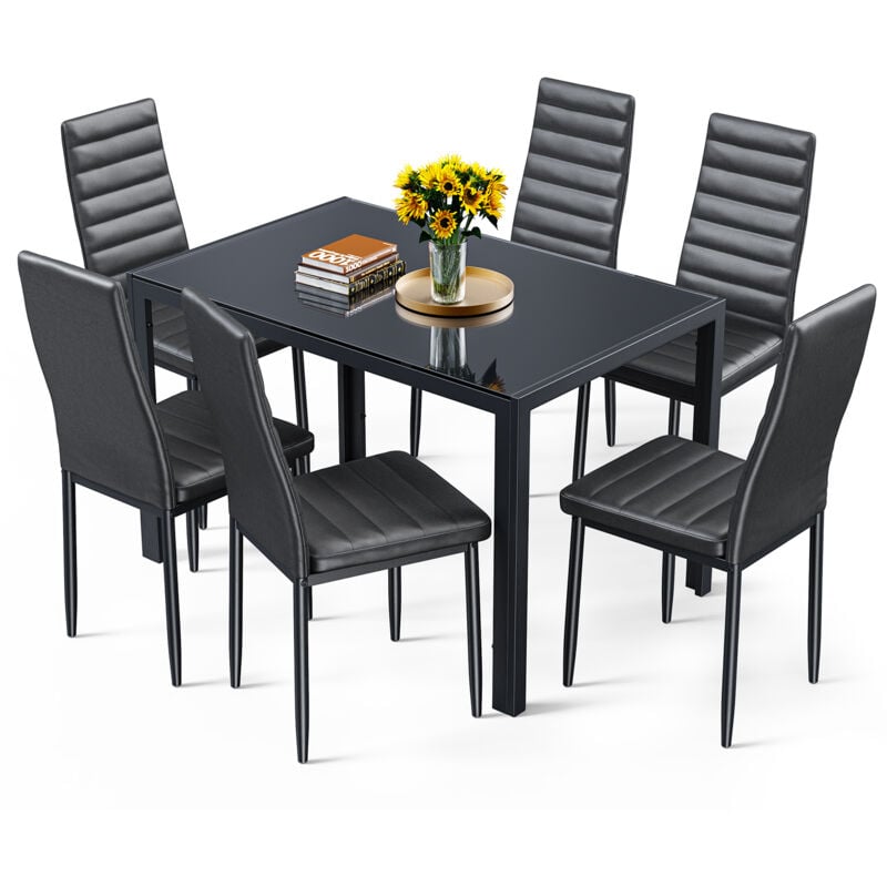 Ensemble Table et Chaises Table à Manger avec Chaises 1 Table en Verre Trempé 6 Chaises en Cuir pu Dossier Patte Metal Pied en Caoutchouc Noir