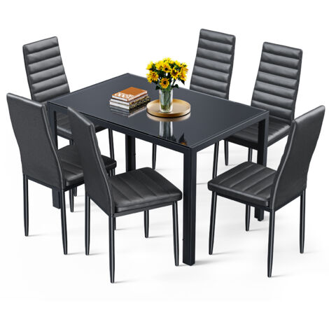 Bealife Esstisch-Set mit 6 Stühlen - Sicherheitsglastisch & PU-Lederstühle mit Metallgestell und schwarzen Gummifüßen