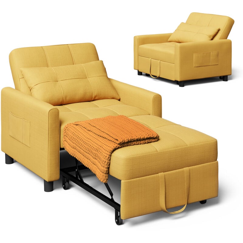 Bealife - Fauteuil Convertible Jaune Solaire Canapé Lit 1 Place Modulable Chaise Longue Coussin Réglable Rangement et Roulette Pliante