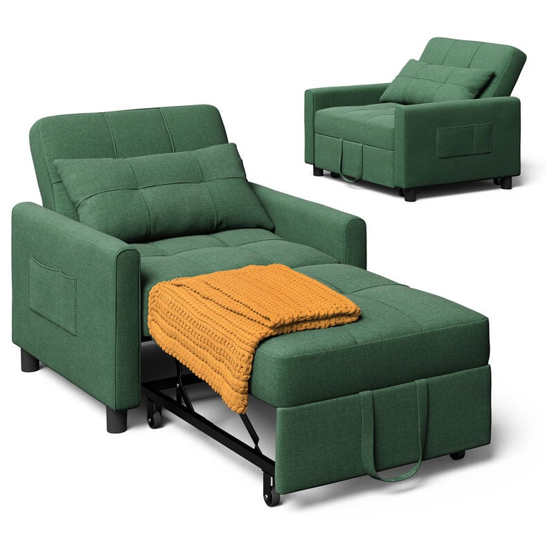 Fauteuil Convertible Vert Menthe Canapé Lit 1 Place Modulable Chaise Longue Coussin Réglable Rangement et Roulette Pliante - Bealife