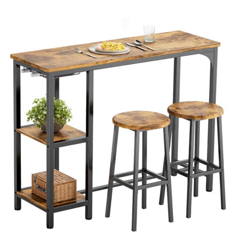 Bealife Mesa Alta de Bar con 2 Taburetes - Juego de Muebles para Cocina y Comedor con Estructura de Acero Marrón