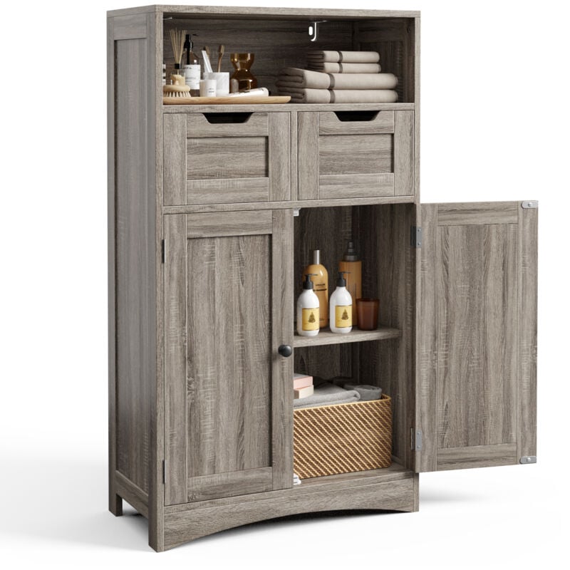 Bealife - Meuble Rangement Salle de Bain Armoire Bas Moderne 108cm 2 Tiroirs Modulables Étagères Réglables 2 Portes Gris Clair 60x30x108cm