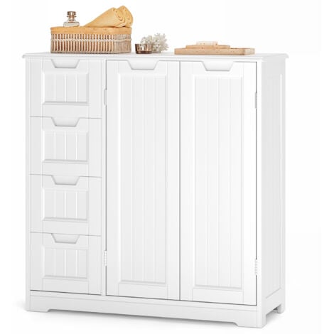 Bealife Meuble Rangement Salle de Bain Imperméable à l'Humidité Armoire Bas Moderne 80cm avec 2 Portes 4 Tiroirs Étagères Réglables Blanc 81x30x83cm