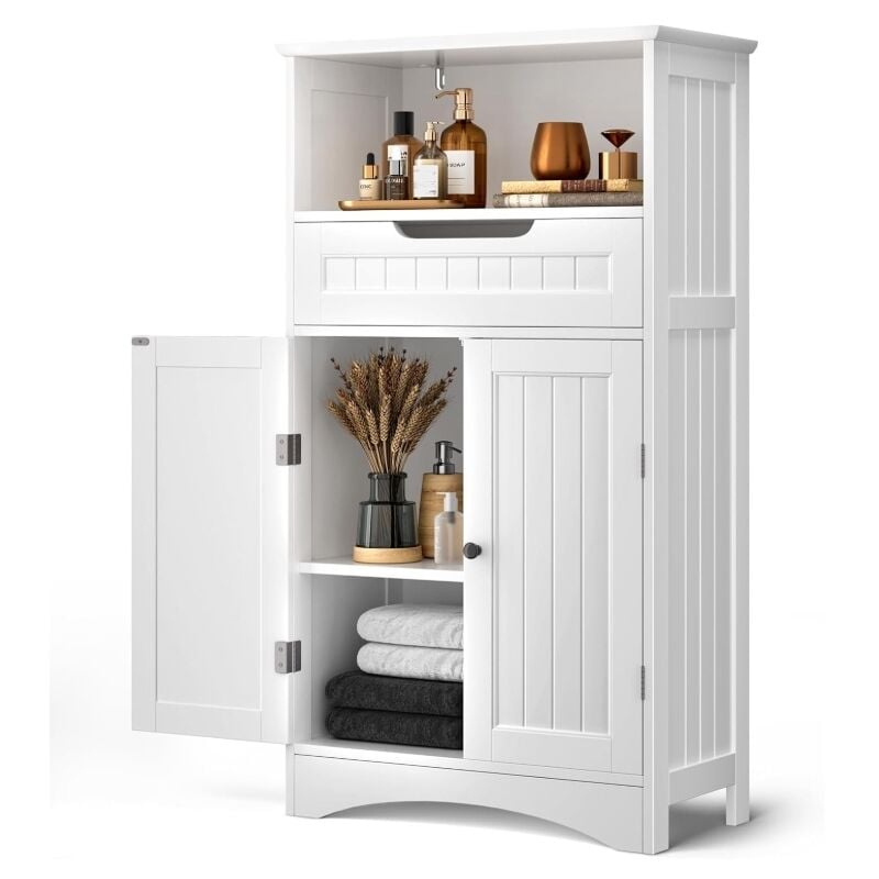 Meuble Salle de Bain Meuble Bas de Salle de Bain sur Pied Meuble de Rangement 4 Niveaux 2 Portes 1 Étagère Reglable 1 Tiroir - Bealife
