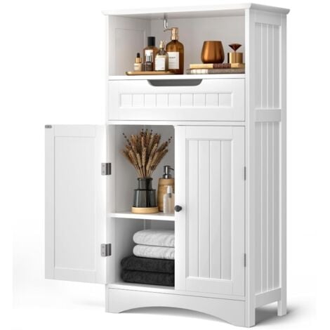 Bealife Meuble Salle de Bain Meuble Bas de Salle de Bain sur Pied Meuble de Rangement 4 Niveaux 2 Portes 1 Étagère Reglable 1 Tiroir