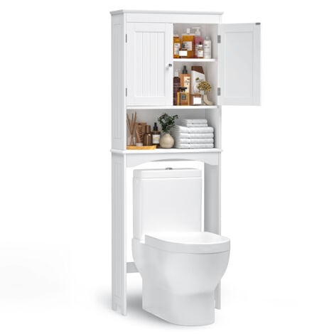 Bealife Meuble WC Étagère au-Dessus de Toilette sur Pied Rangement avec Compartiment Ouverts 2 Portes Étagères Réglables