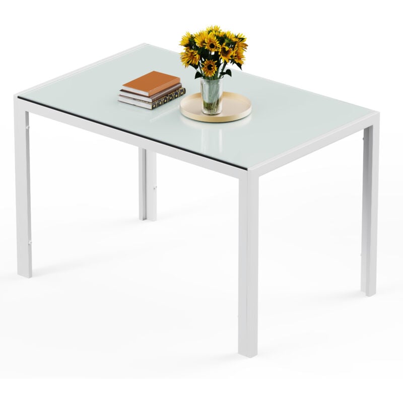 Table à Manger Verre Trempé Rectangle 6 Personnes Cadre Pied en Metal Blanche 130 x 70 x 75 cm - Bealife
