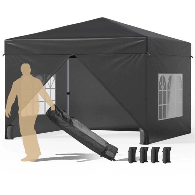 Bealife - Tonnelle de Jardin Extérieur/Barnum 3x3m Tente de Réception avec Côté Rideau Sac de Rangement à Roulettes Hauteur Réglable 2,5 m