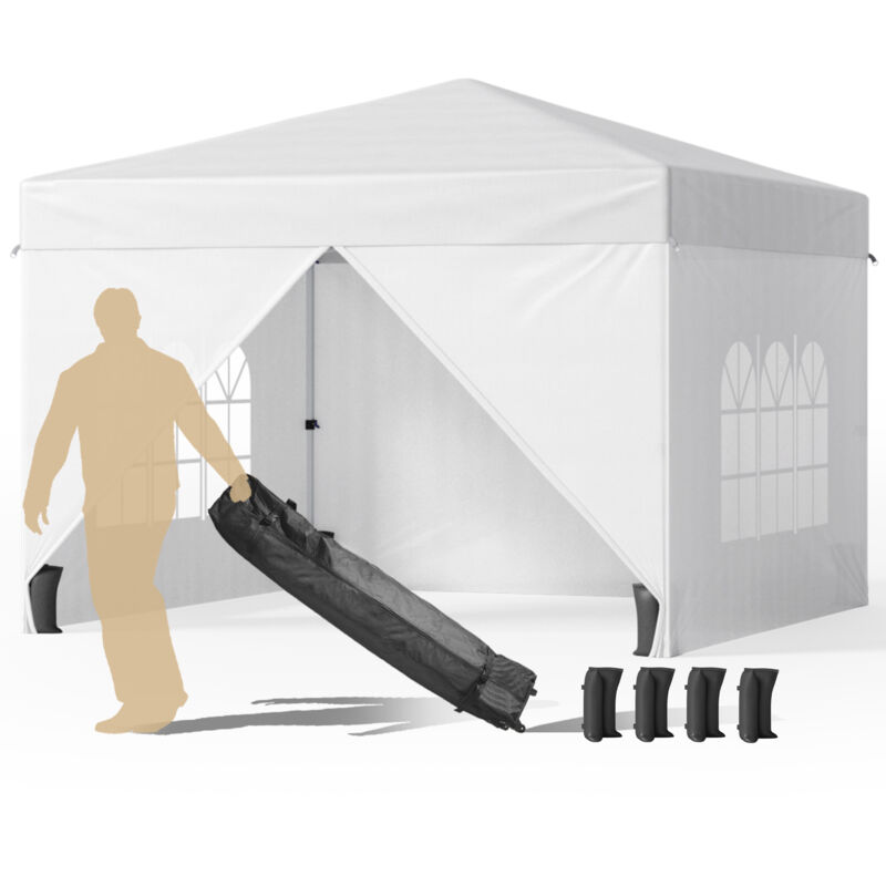 Bealife - Tonnelle de Jardin Extérieur/Barnum 3x3m Tente de Réception avec Côté Rideau Sac de Rangement à Roulettes Hauteur Réglable 2,5 m Blanc