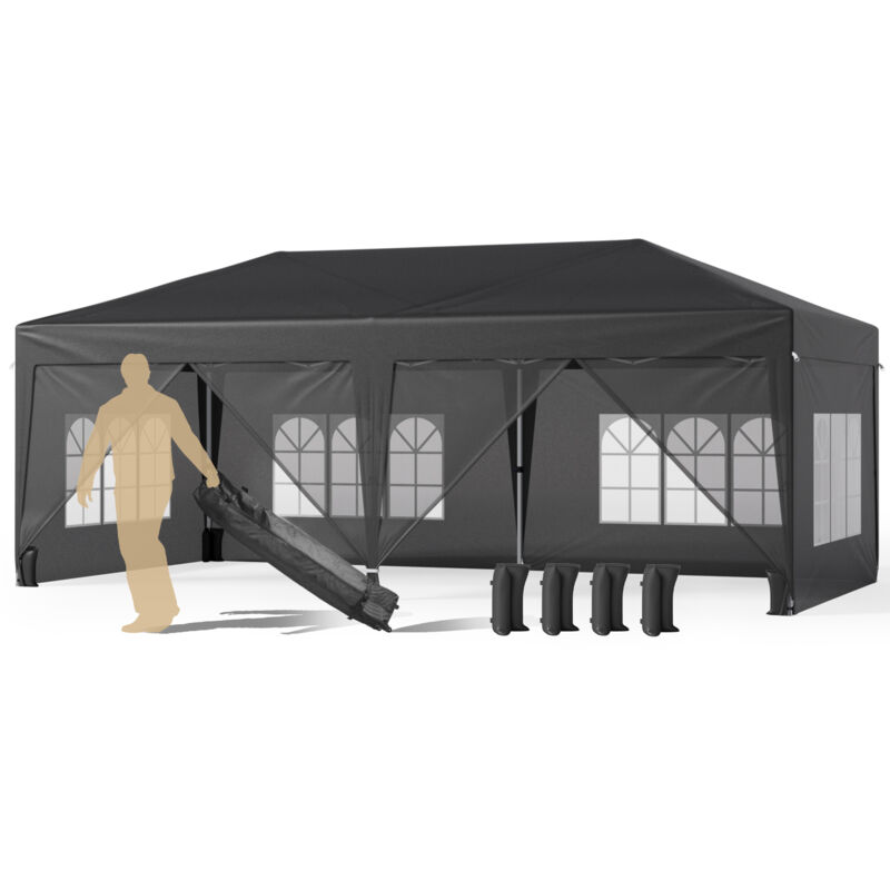 Bealife - Tonnelle de Jardin Extérieur/Barnum 3x6m Tente de Réception avec Côté Rideau Sac de Rangement à Roulettes Hauteur Réglable 2,7 m