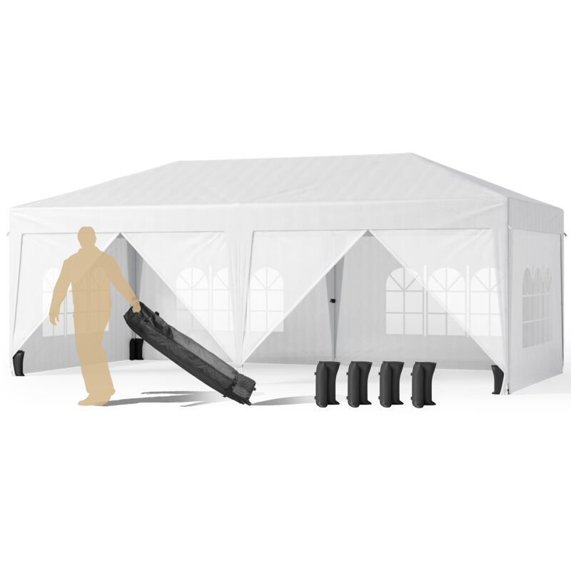 Bealife - Tonnelle de Jardin Extérieur/Barnum 3x6m Tente de Réception avec Côté Rideau Sac de Rangement à Roulettes Hauteur Réglable 2,7 m Blanc