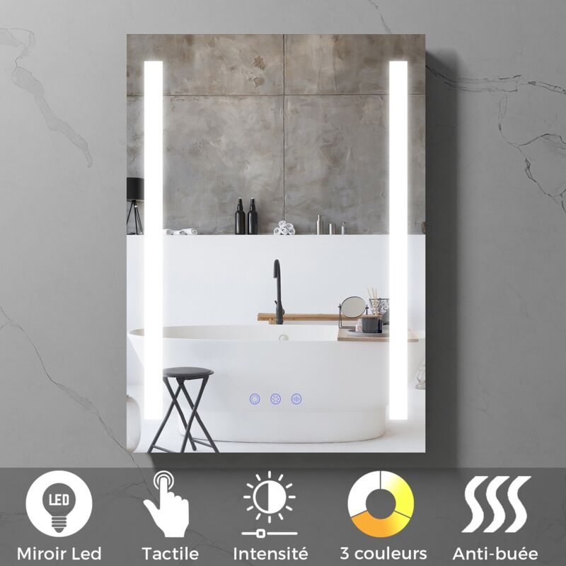 Beam Miroir led salle de bain 50 x 70 cm réversible, anti-buée + éclairage et intensité réglables