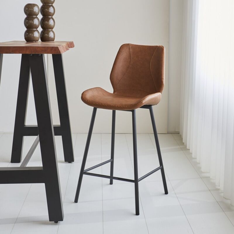 Dimehouse Beau Industrial Barhocker Cognac Kunstleder - 67cm Sitzhöhe -