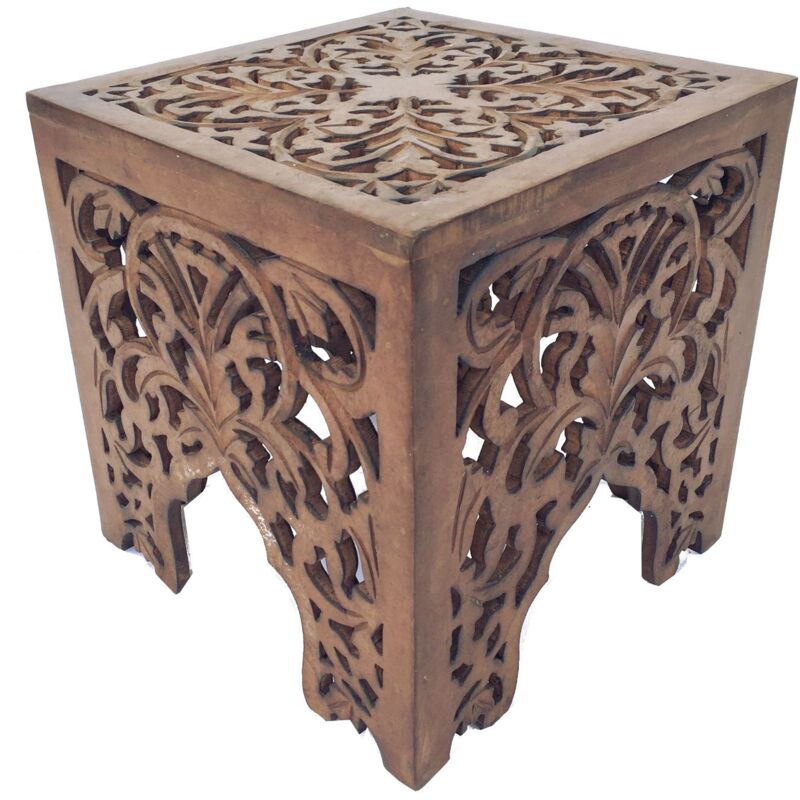 Beautiful Square Hand Carved Indian Wooden Side End Coffee Table[Light Brown,Large (40 x 40 x 42cm)]