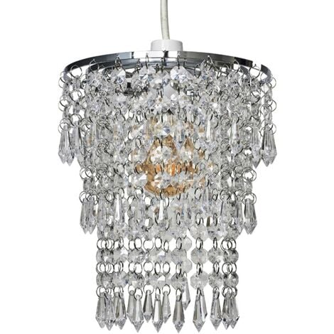 Chrome Chandelier Pendant Shade + Clear Acrylic Jewel Droplets