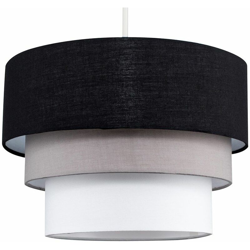 Minisun - Round 3 Tier Black, Grey & White Fabric Ceiling Pendant Lamp Light Shade 15W LED Gls Bulb - Warm White