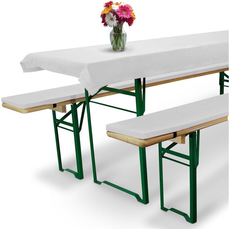 

Comfort XS - Set de 3 elegantísimas Fundas Mantel Mesa de cervecería/Picnic y Bancos Acolchados Blanco, 220x50 cm - Beautissu