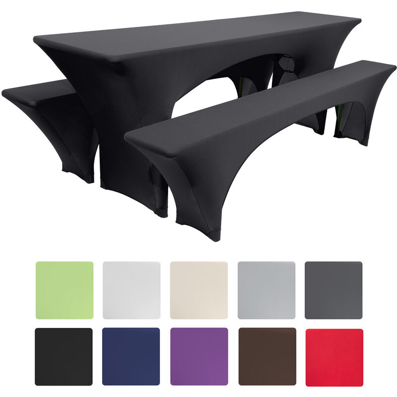 Victoria Nappe pour table de brasserie stretch - Jardin + 2 housses pour bancs Noir, 220x70x70 cm - Beautissu