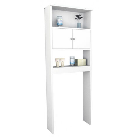 Beaux Meubles Pas Chers – Armoire de rangement pour WC blanche 2 portes – Dimensions L 65 x H 175 x P 22 cm – Matériaux FSC et mélaminé – 2 niches ouvertes