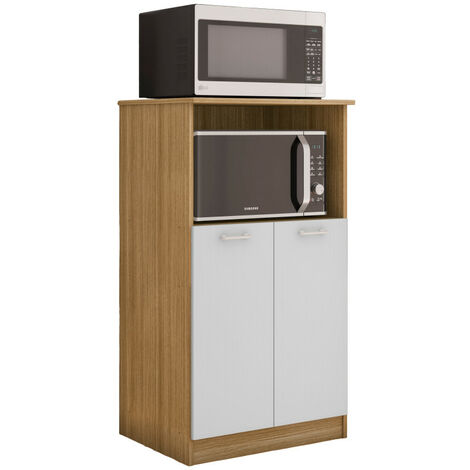 Beaux Meubles Pas Chers – Armoire micro-ondes 2 portes imitation chêne et blanc – 3 niches – Dimensions L61 H110.6 P45.8 cm – Bois certifié FSC