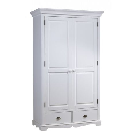 Beaux Meubles Pas Chers – Armoire penderie blanche 2 portes 2 tiroirs – Structure en pin massif – Dimensions H195 x L114,5 x P54 cm – Design anglais élégant