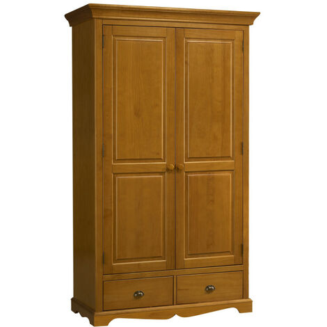 Beaux Meubles Pas Chers – Armoire penderie pin miel 2 portes 2 tiroirs 6 niches L 114,5 H 195 P 54 cm – Style anglais – Structure en pin massif panneauté