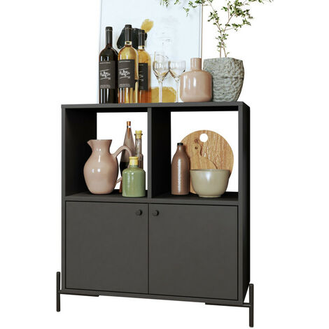 Beaux Meubles Pas Chers – Buffet armoire 2 portes 4 niches noir sur pieds métalliques ronds – Dimensions L 74.5 H 79 P 35 cm – Structure en panneaux de particules mélaminés