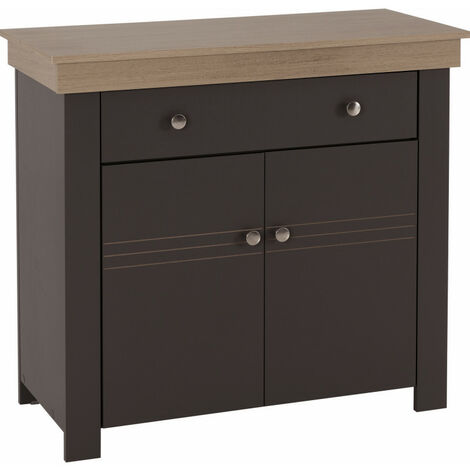 Beaux Meubles Pas Chers – Buffet bas 2 portes 1 tiroir chêne et gris – Dimensions 88x81.3x39.7 cm – Finition laquée gris foncé – Bois certifié FSC